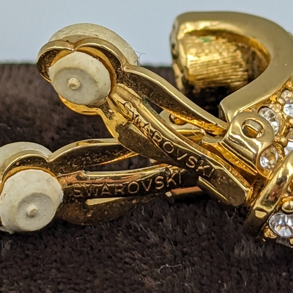 Vintage Swarovski Crystal Pave Clip on Earrings Half Hoop Signed - Picture 8 of 9